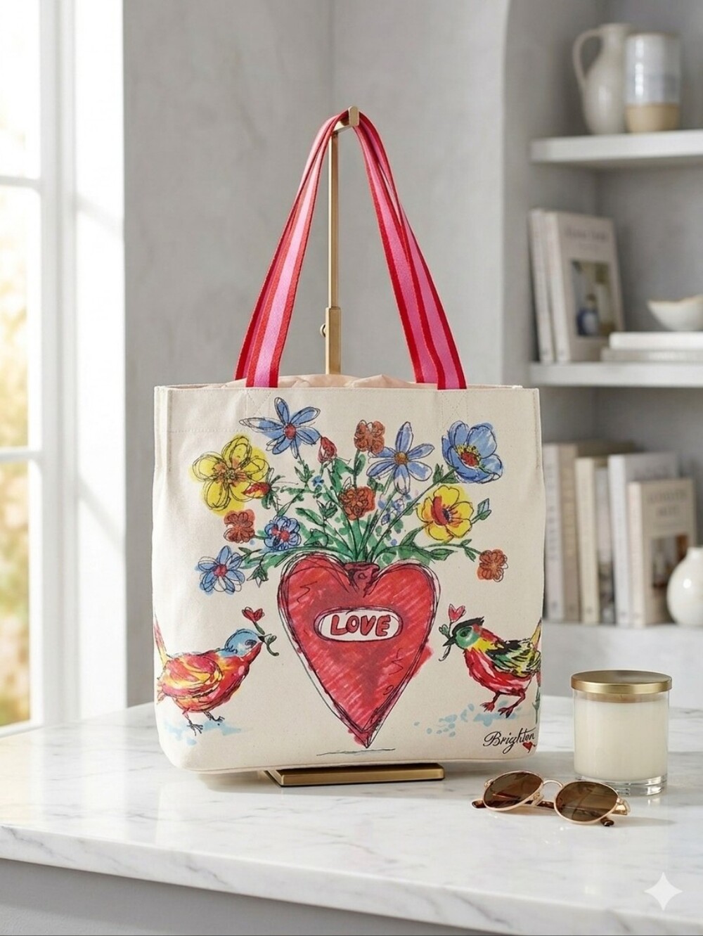 Canvas Tote " Love Tweet" Bag with Heart‎ Floral & Bird Design - Red Handles
